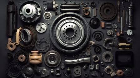 Disassembled mechanical components laid out and organised on a work surface