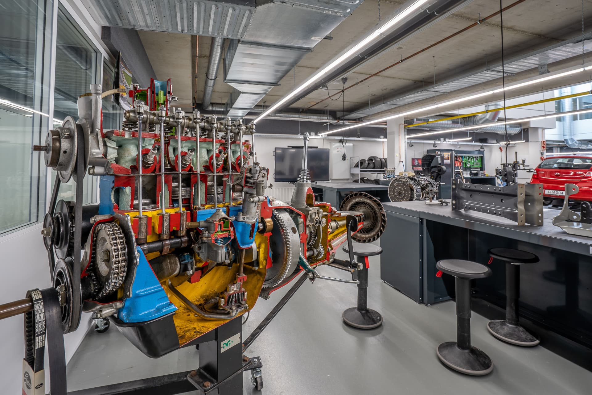 Workshop technical area with component racks and diagnostic equipment