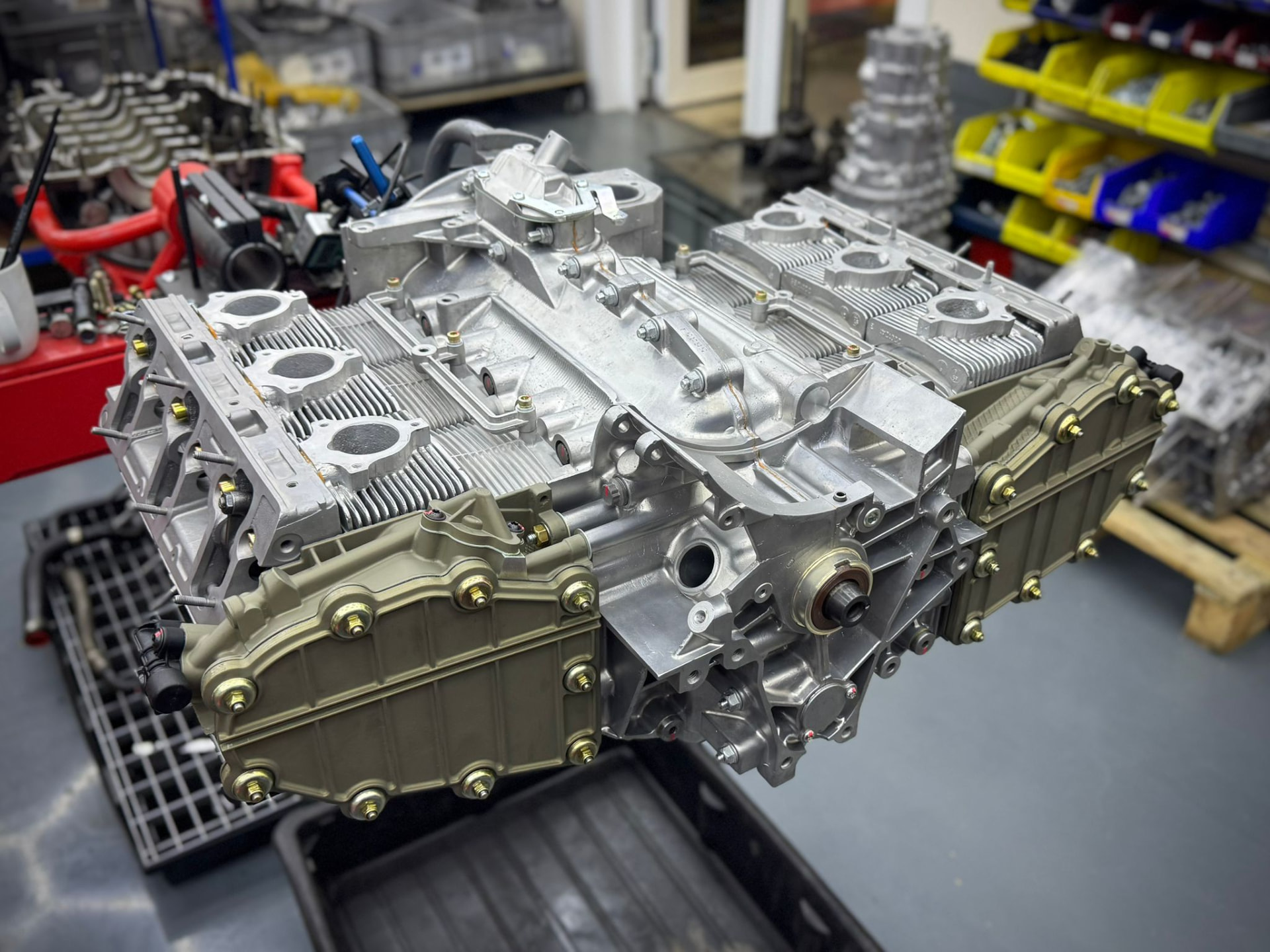 Rebuilt M64 flat-six short block, cooling fins and cam covers